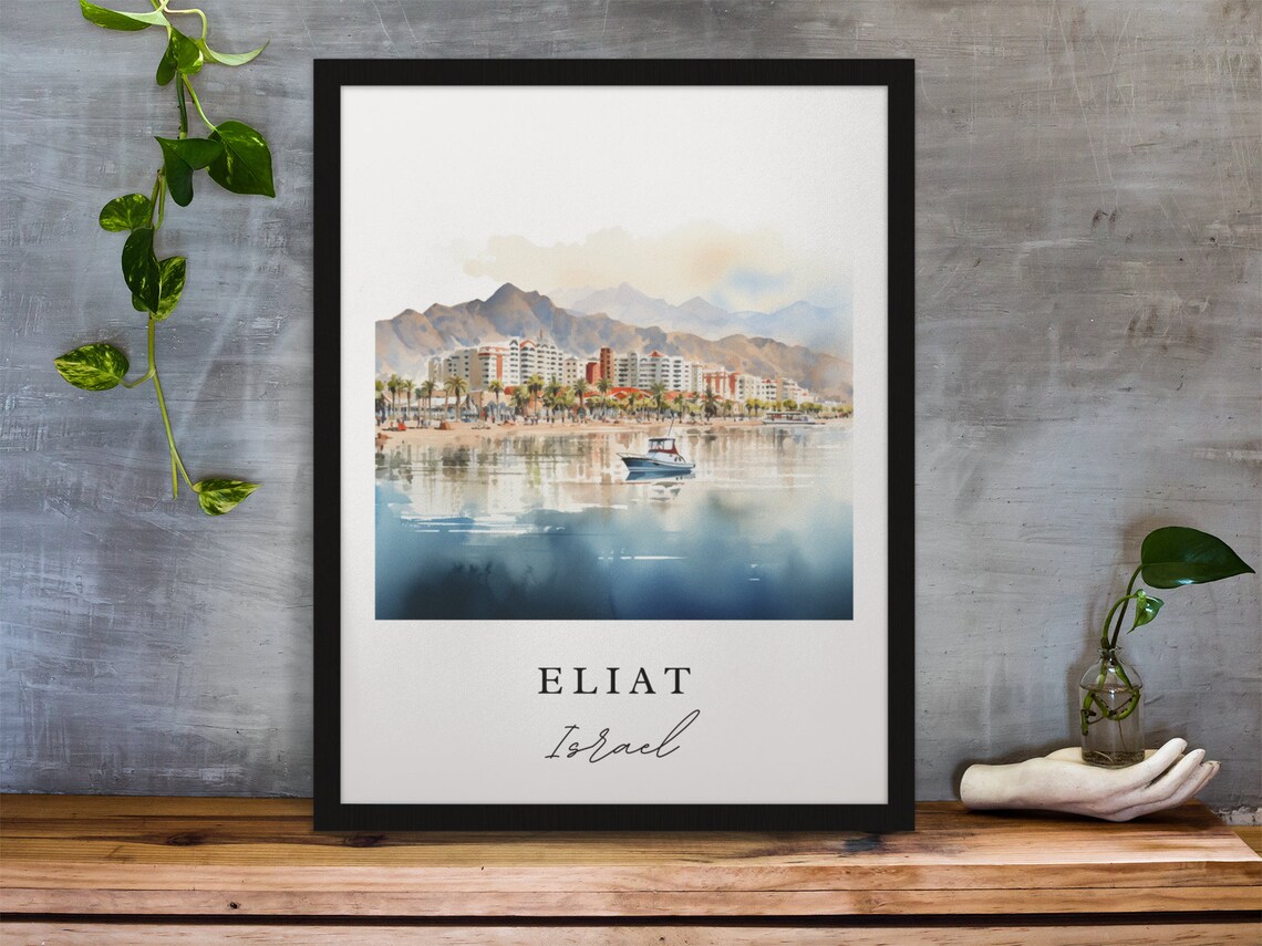 Eliat Israel Watercolor Beach Resort Boats Mountain Bay Travel Poster