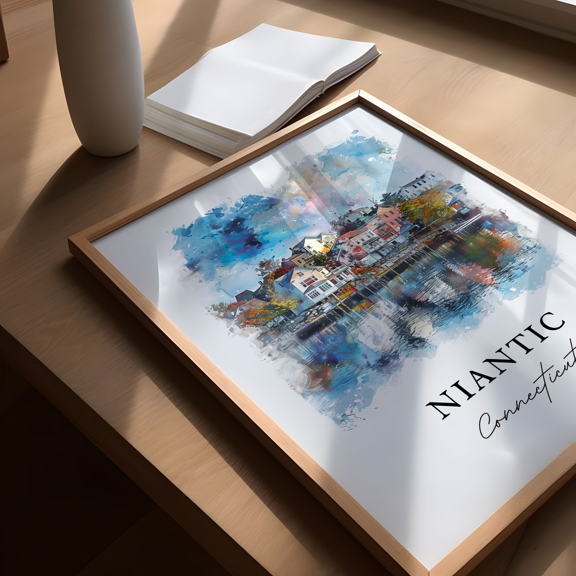 Niantic Connecticut Watercolor Harbor Village Reflection Poster - Image 5