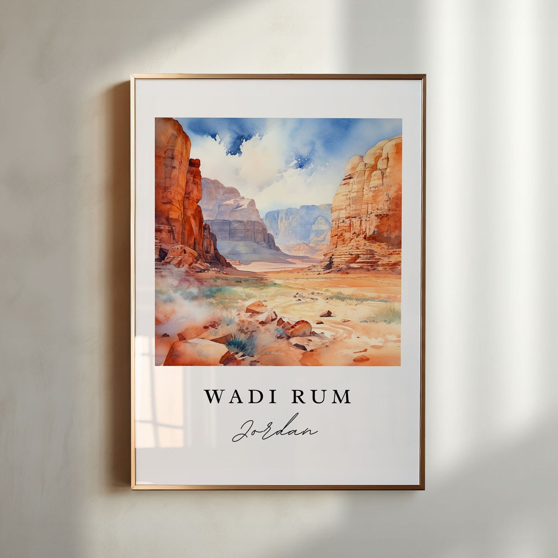 Wadi Rum Jordan Watercolor Art Red Desert Canyon Cliffs Poster
