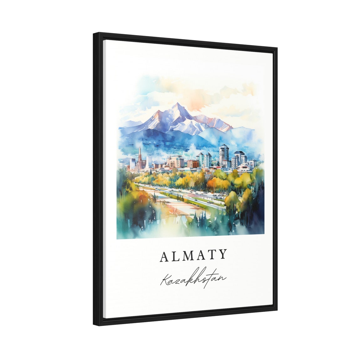 Almaty Kazakhstan Watercolor Art Snow Capped Mountain Skyline Poster - Image 2