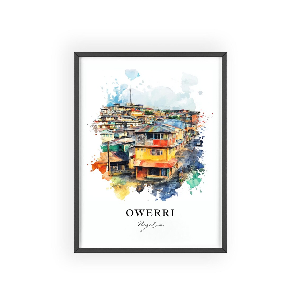 Owerri Nigeria Colorful Streetscape Watercolor Travel Poster