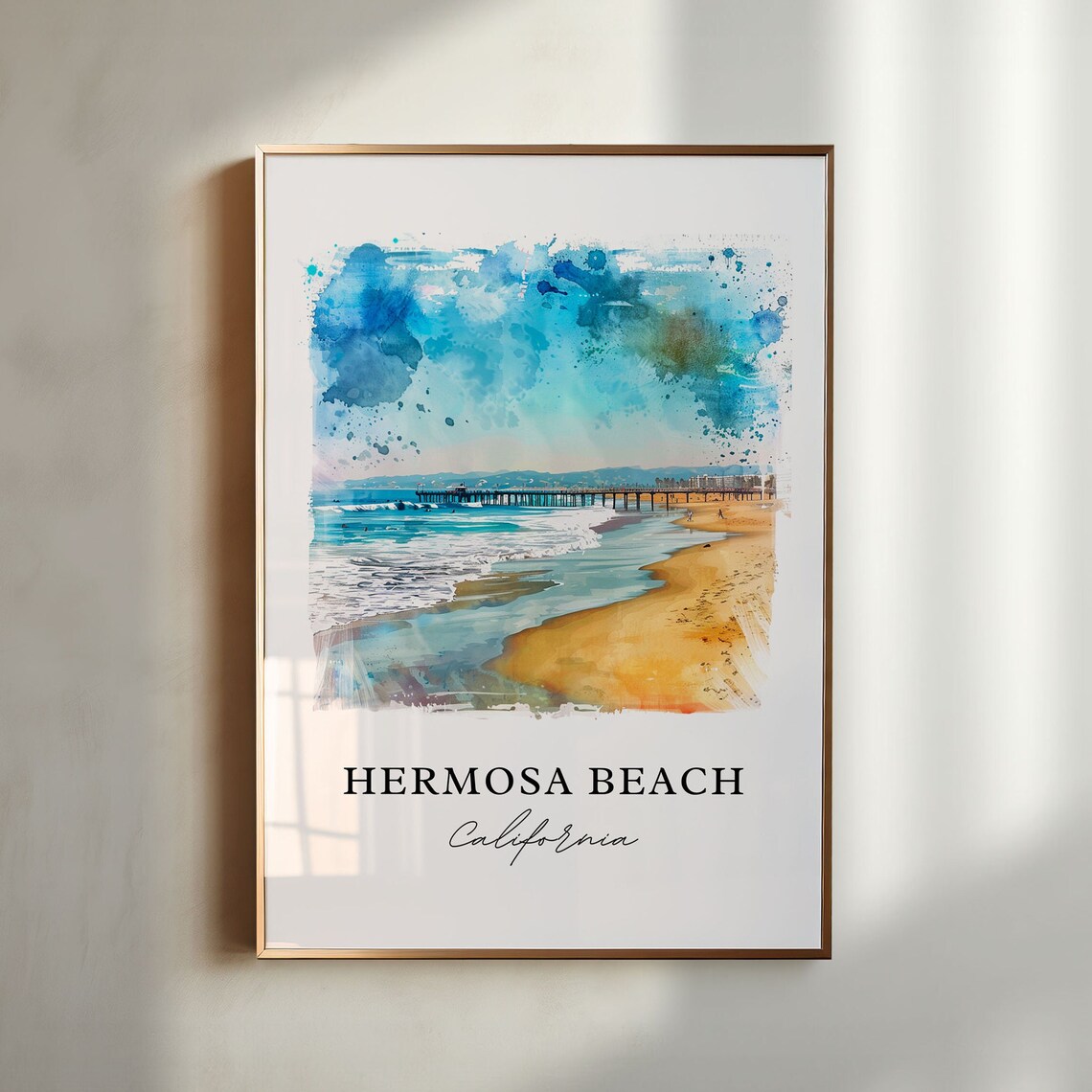 Hermosa Beach Watercolor Travel Poster, California