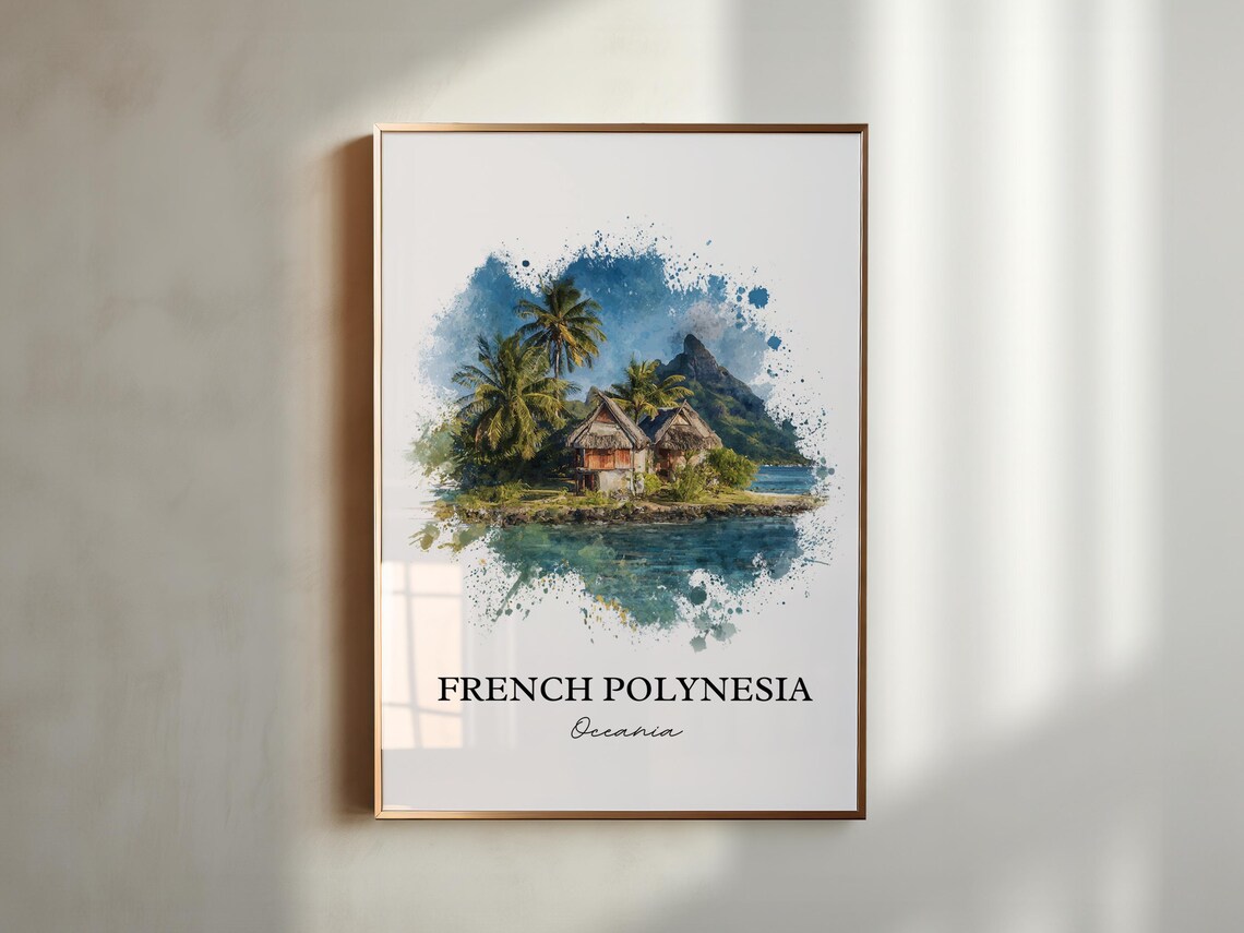 French Polynesia Thatched Huts Lagoon Watercolor Travel Poster - Image 5