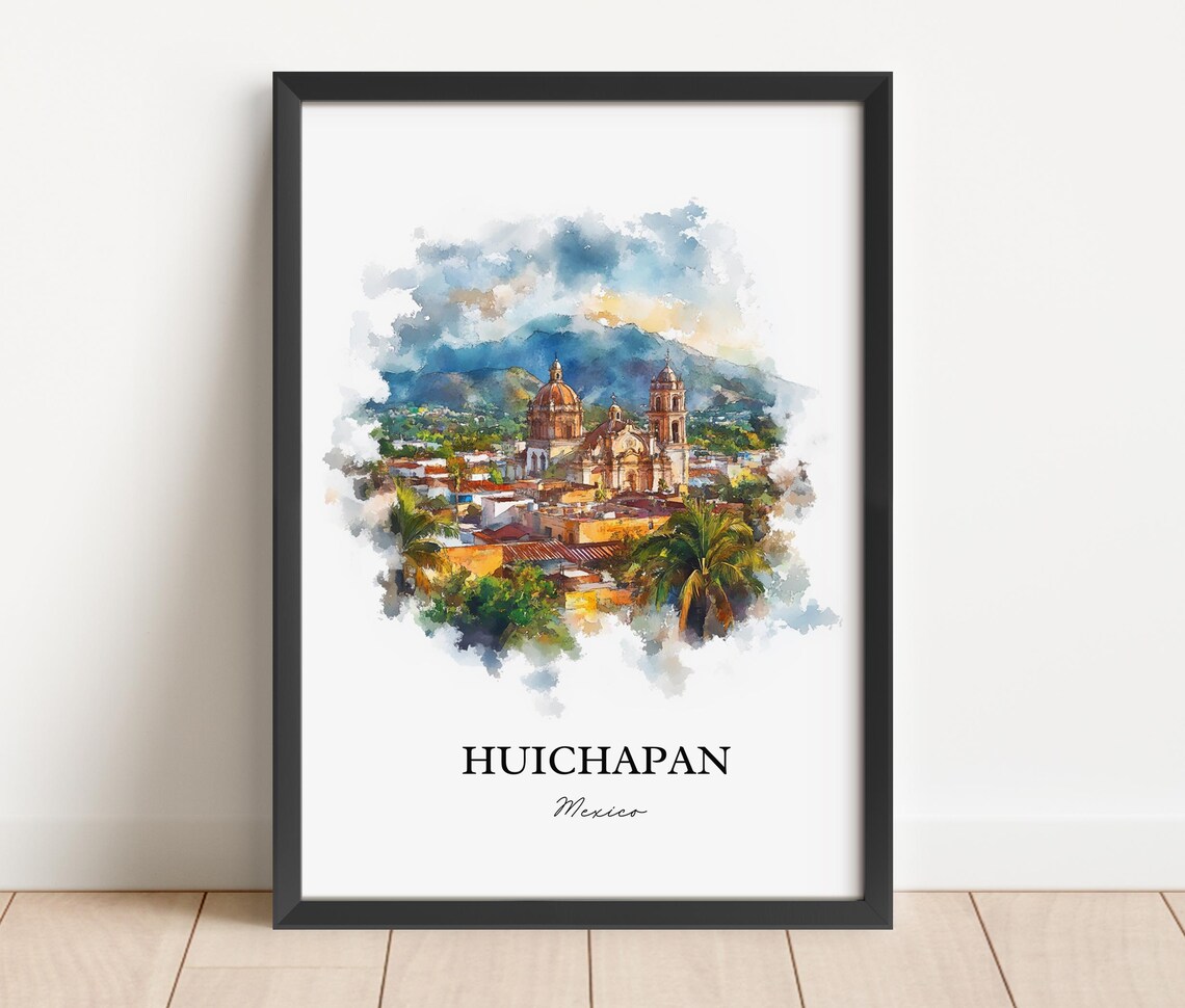 Huichapan Mexico Domed Church Palm Trees Watercolor Scenic Poster - Image 2