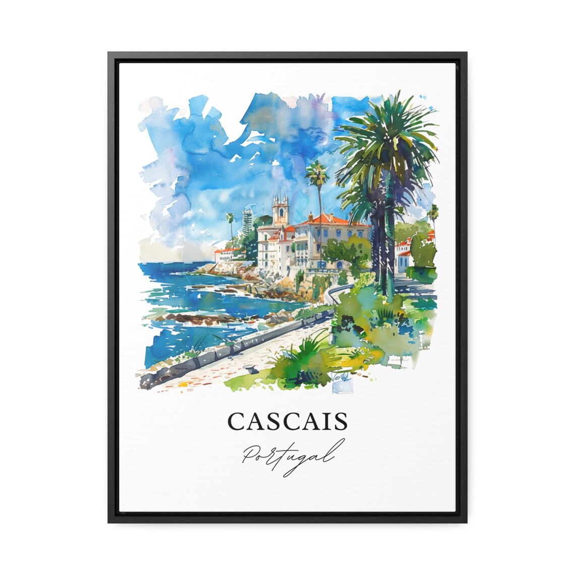 Cascais Portugal Palm Coast Promenade Watercolor Seaside Poster - Image 3