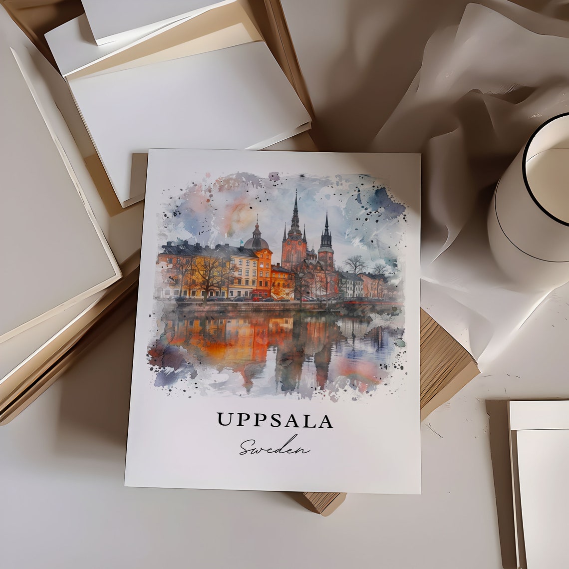 Uppsala Sweden Cathedral Riverside Watercolor City Reflection Poster - Image 6
