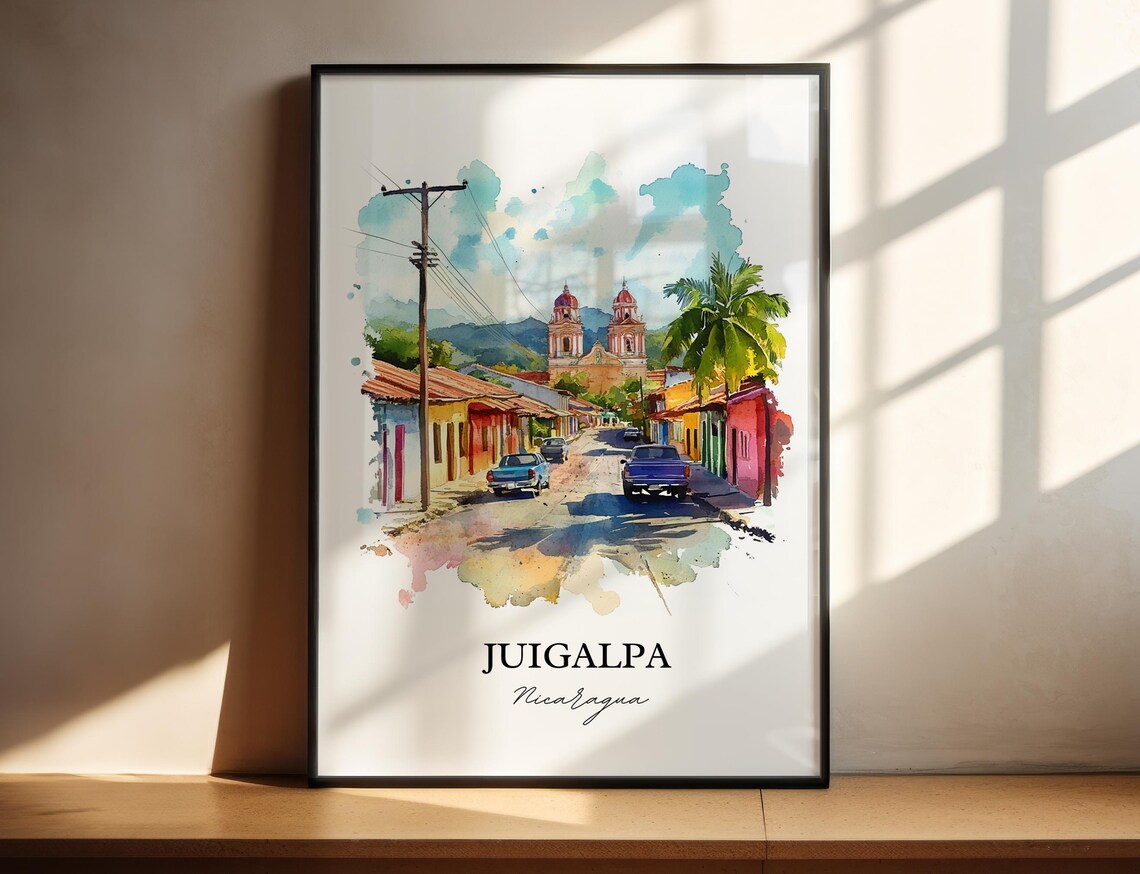 Juigalpa Nicaragua Colorful Street Twin Tower Church Watercolor Poster