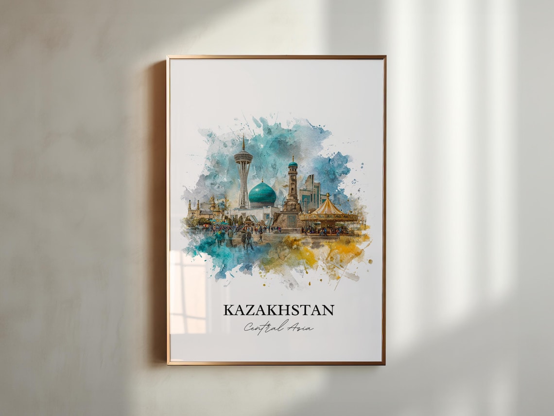 Kazakhstan Central Asia Watercolor Skyline Landmark Travel Poster - Image 5