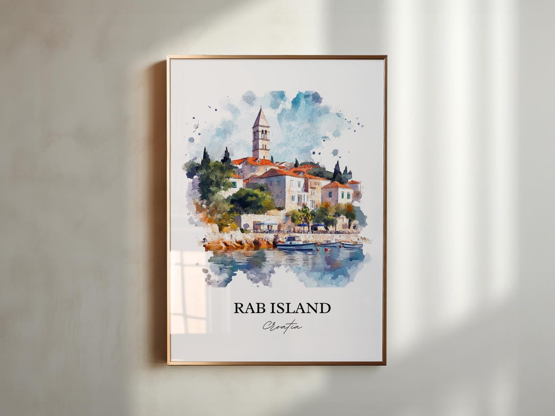 Rab Island Croatia Bell Tower Coastal Town Watercolor Poster - Image 3