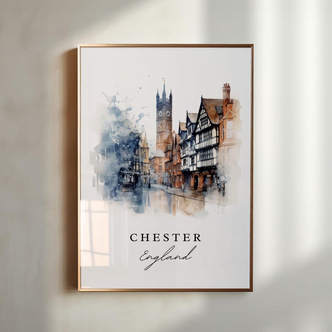 Chester England Watercolor Tudor Street Clock Tower Travel Poster - Image 4