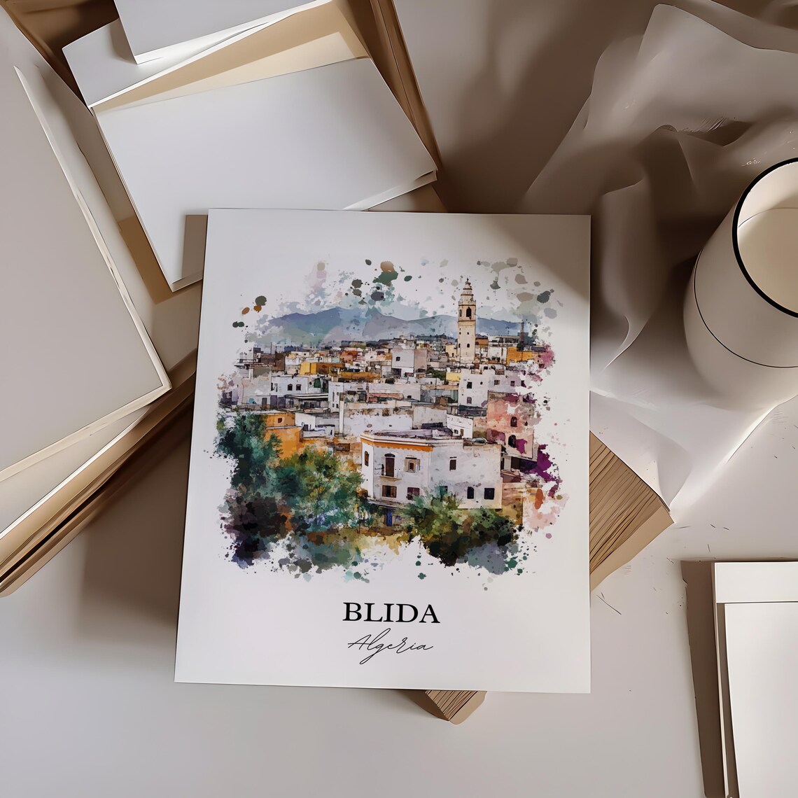Blida Algeria Old Town Minaret Watercolor City Travel Poster - Image 3