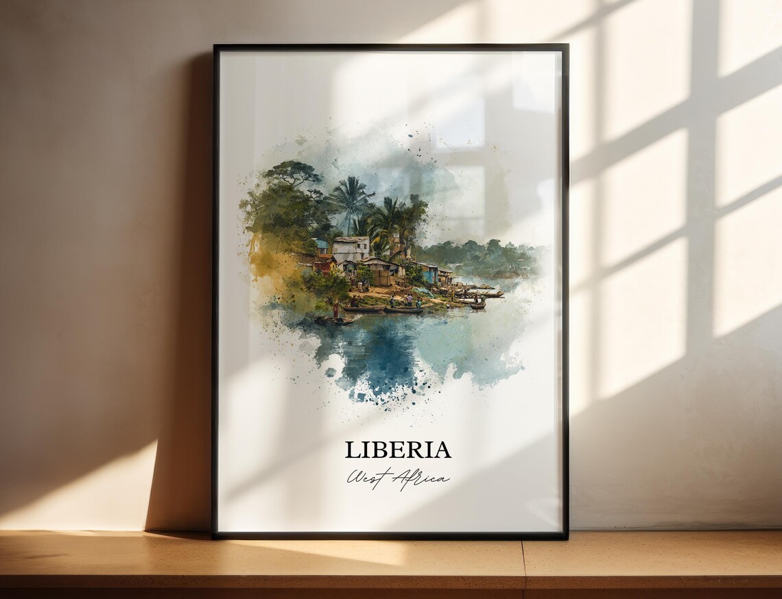Liberia West Africa Riverside Canoe Village Watercolor Art Poster