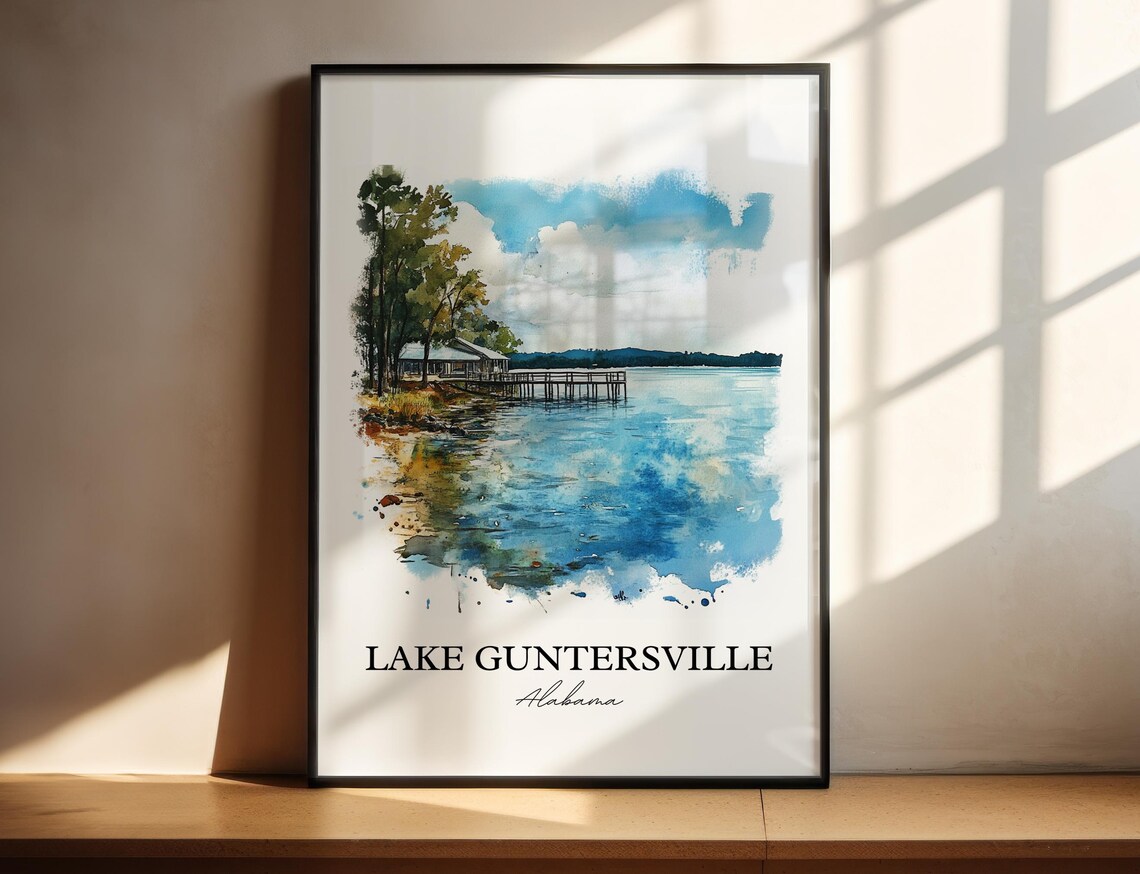 Lake Guntersville Alabama Pine Boathouse Dock Watercolor Poster