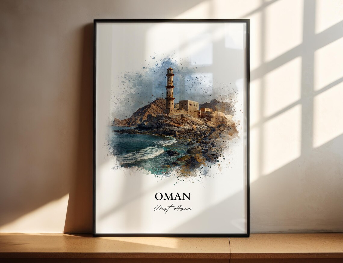 Oman West Asia Coastal Watchtower Fort Watercolor Travel Poster