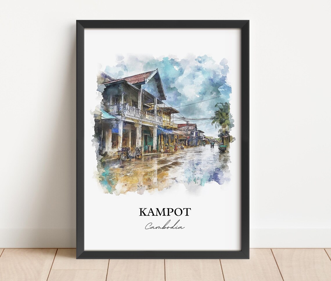 Kampot Cambodia Watercolor Colonial Shophouse Street Scene Poster - Image 3