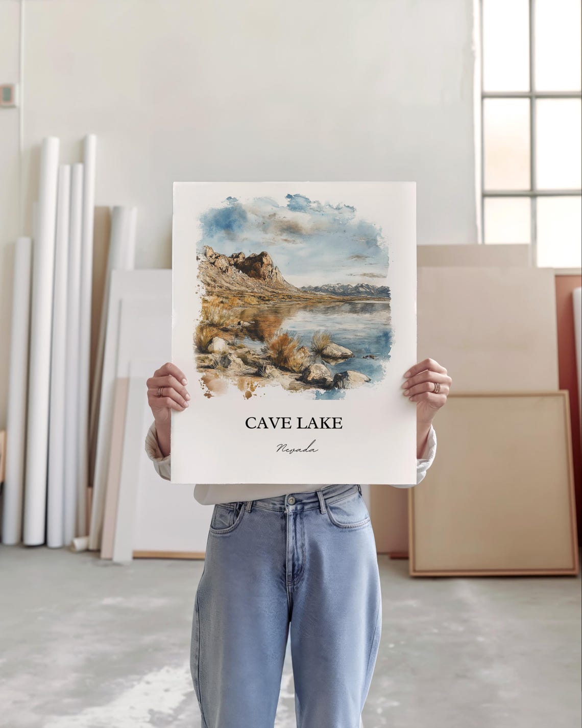 Cave Lake Nevada Rocky Desert Shore Watercolor Landscape Poster - Image 5