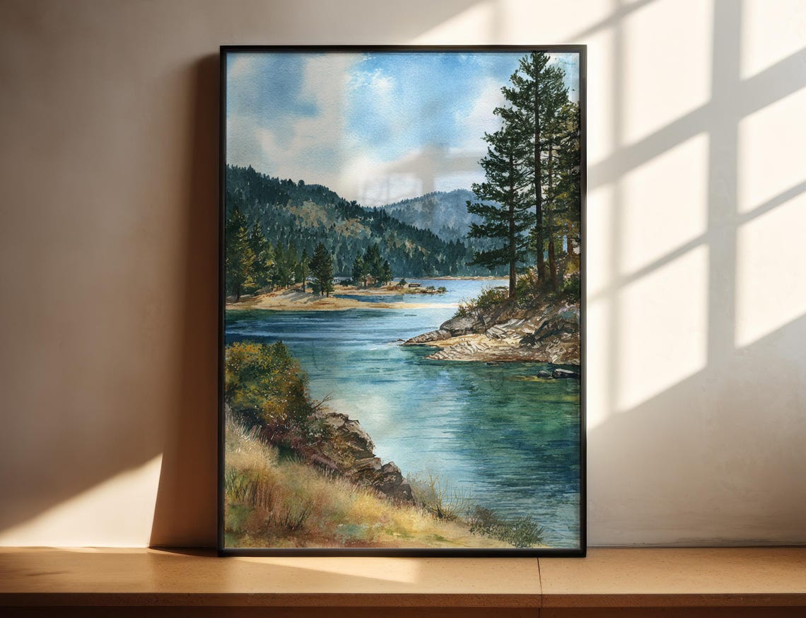 Big Bear Lake Watercolor Art Travel Print Artwork Ca Decor Wall