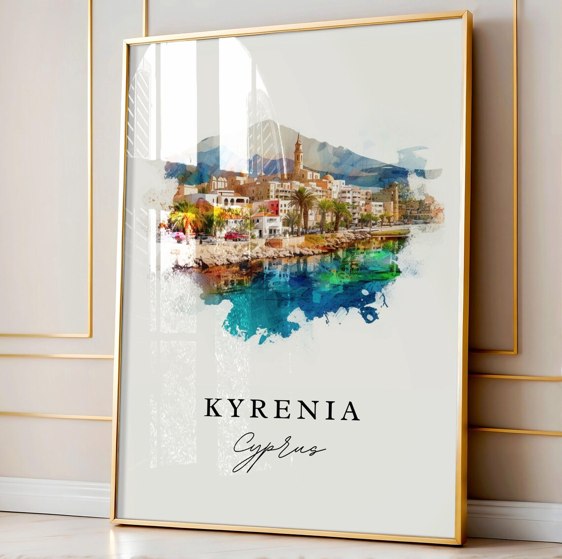 Kyrenia Cyprus Coastal Palm Town Harbor Watercolor Travel Poster - Image 4