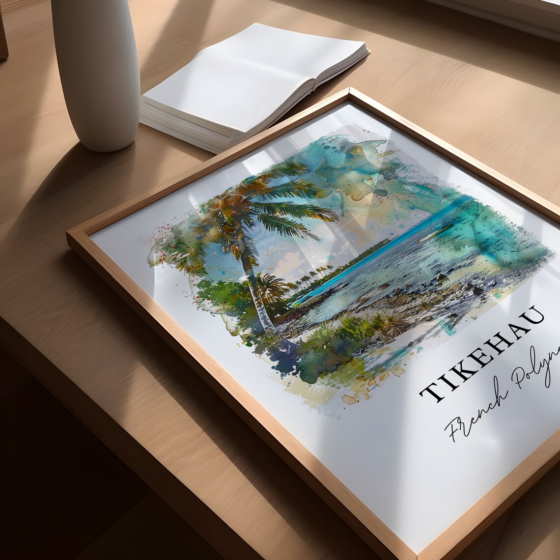 Tikehau French Polynesia Palm Beach Lagoon Watercolor Travel Poster - Image 5
