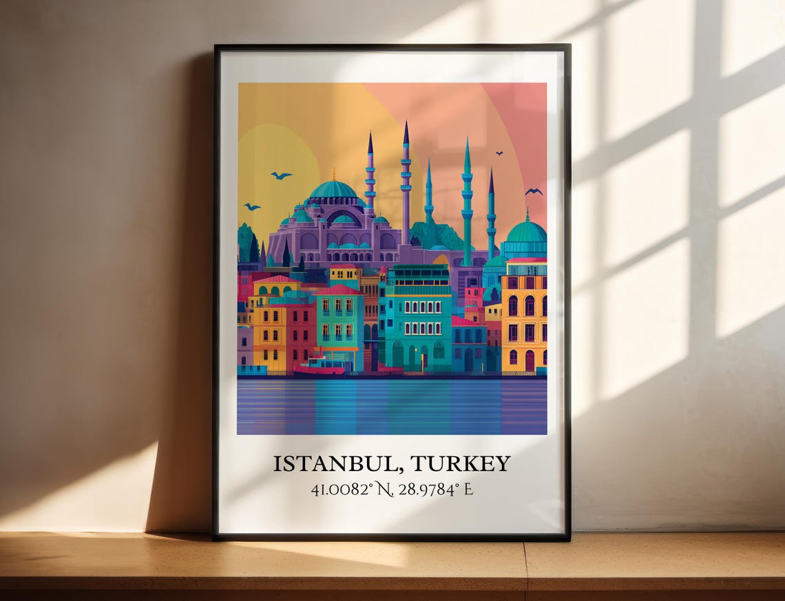 Istanbul Turkey Mosque Minarets Sunset Waterfront Retro Style Poster