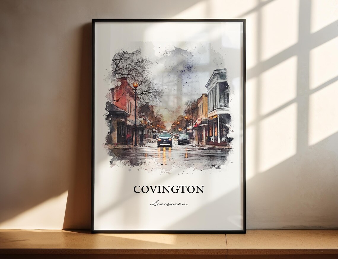 Covington Louisiana Watercolor Rainy Downtown Street Art Poster - Image 5