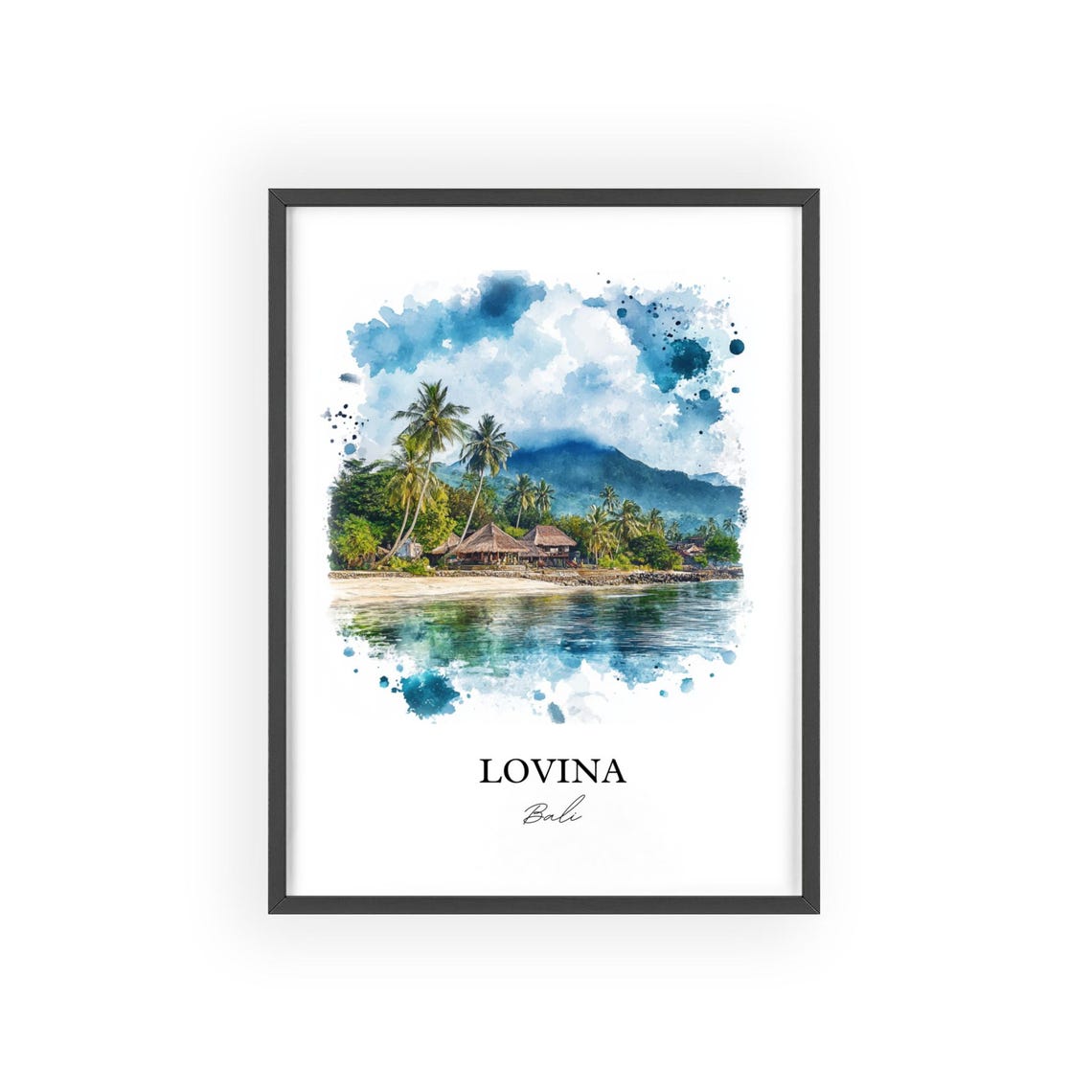 Lovina Bali Watercolor Palm Beach Mountain Bay Sunset Poster - Image 2