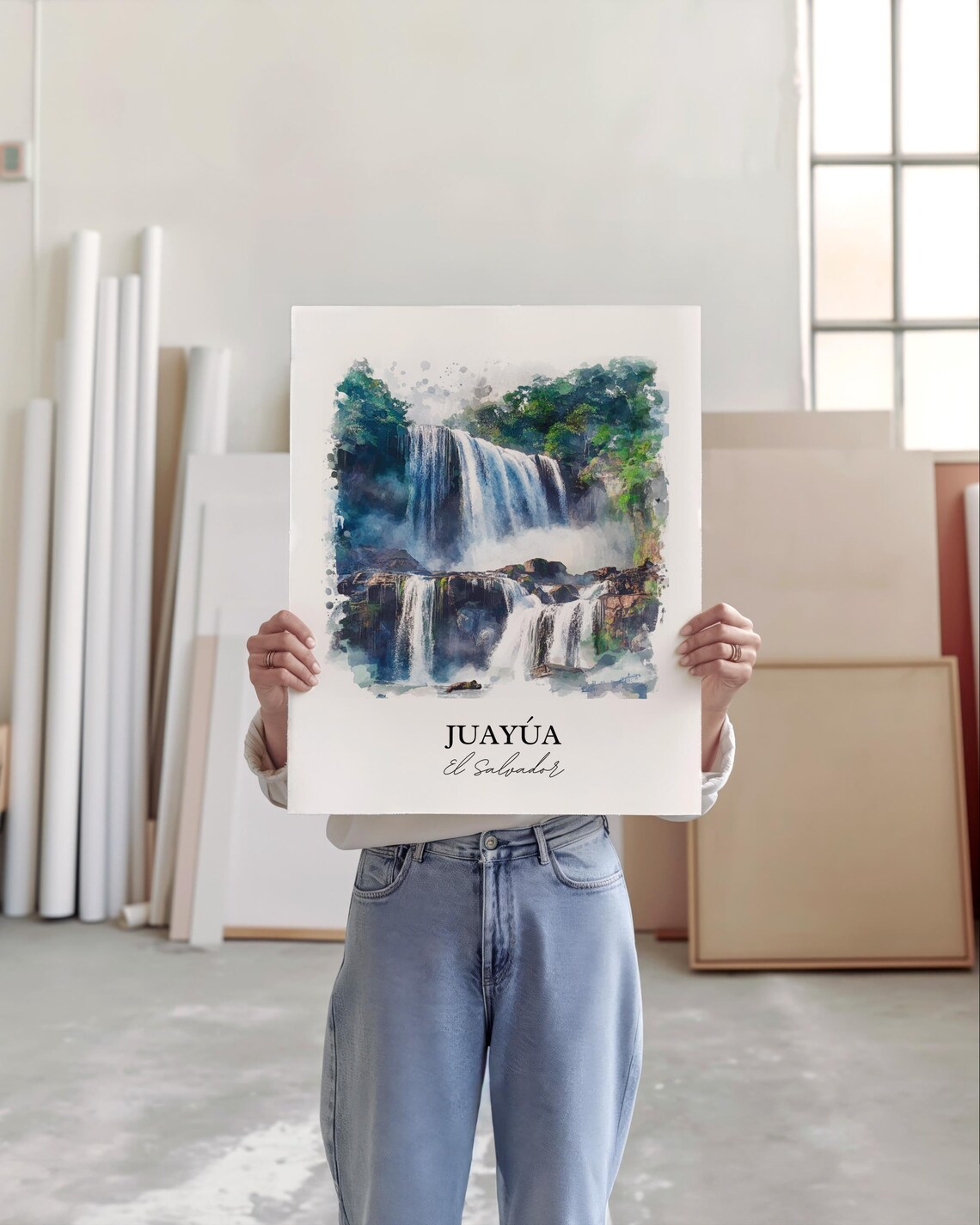 Juayua El Salvador Waterfall Jungle Cascades Watercolor Travel Poster - Image 4