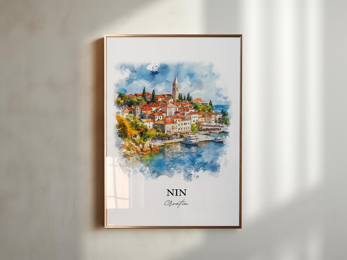 Nin Croatia Coastal Old Town Bell Tower Sea View Watercolor Poster - Image 4