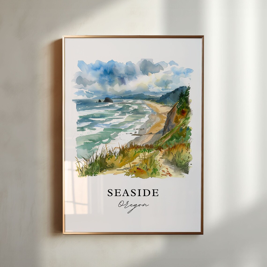 Seaside Oregon Watercolor Travel Poster, Housewarming Gift