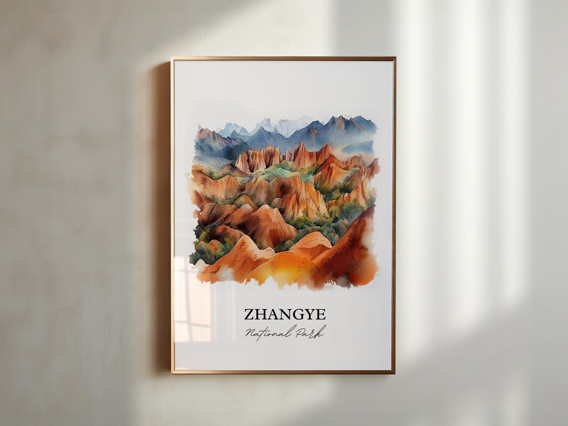 Zhangye National Park Rainbow Mountain Watercolor Travel Poster - Image 4