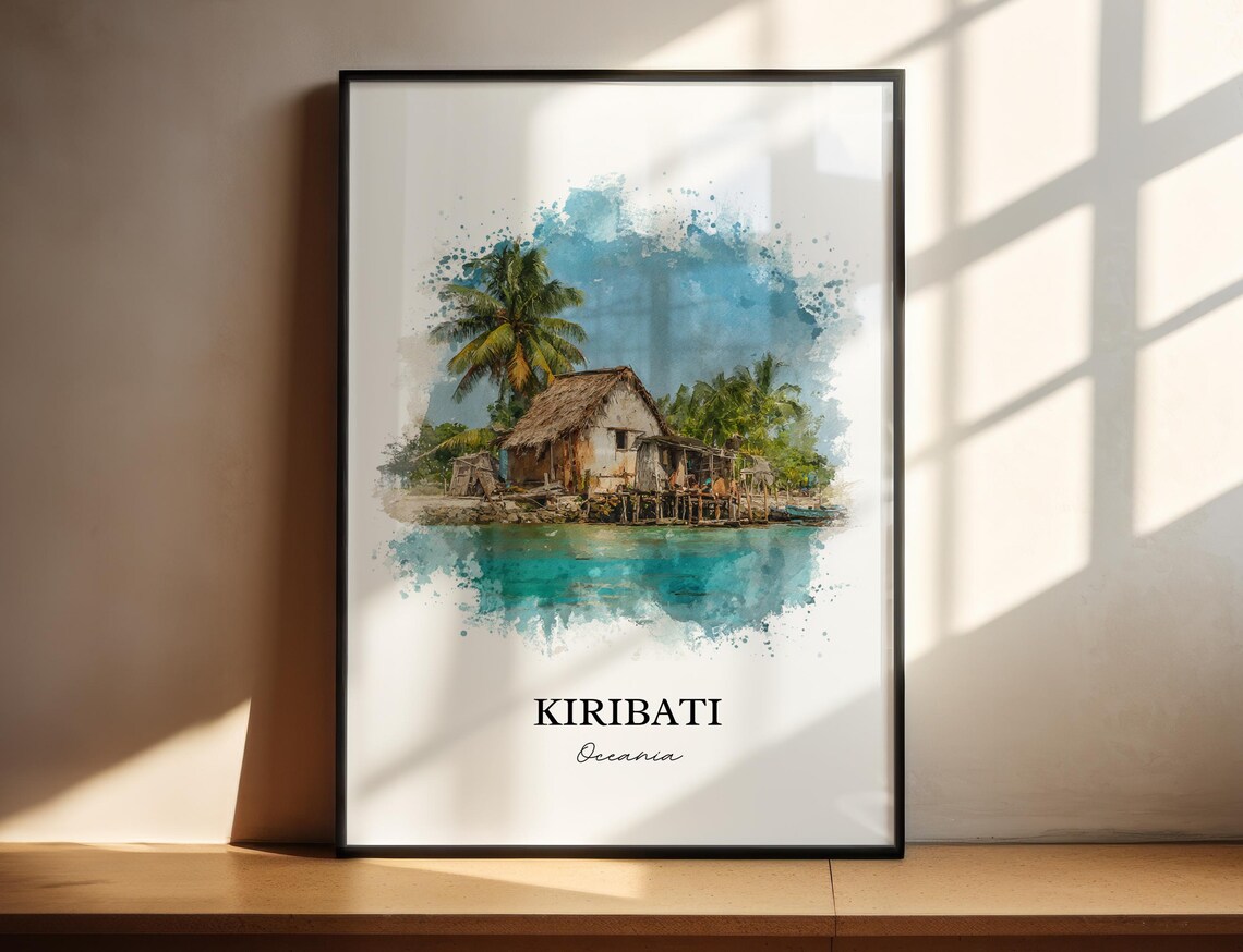 Kiribati Oceania Overwater Thatched Hut Turquoise Watercolor Poster