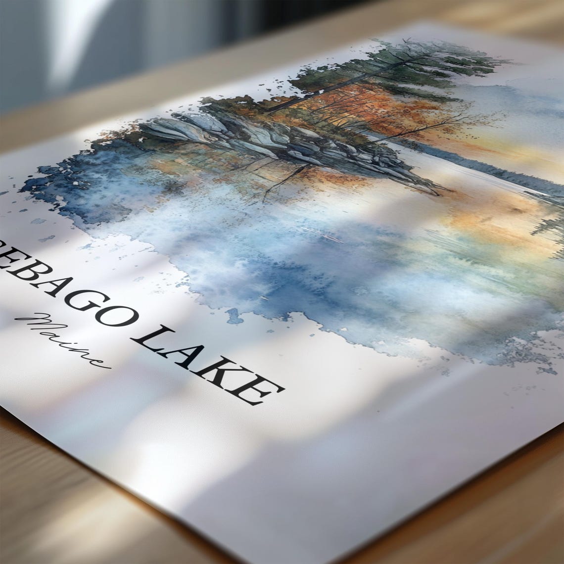Sebago Lake Maine Autumn Sunset Reflection Watercolor Lake Poster - Image 6