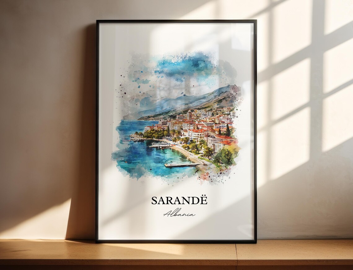Sarande Albania Coastal Bay Watercolor Skyline Travel Art Wall Poster