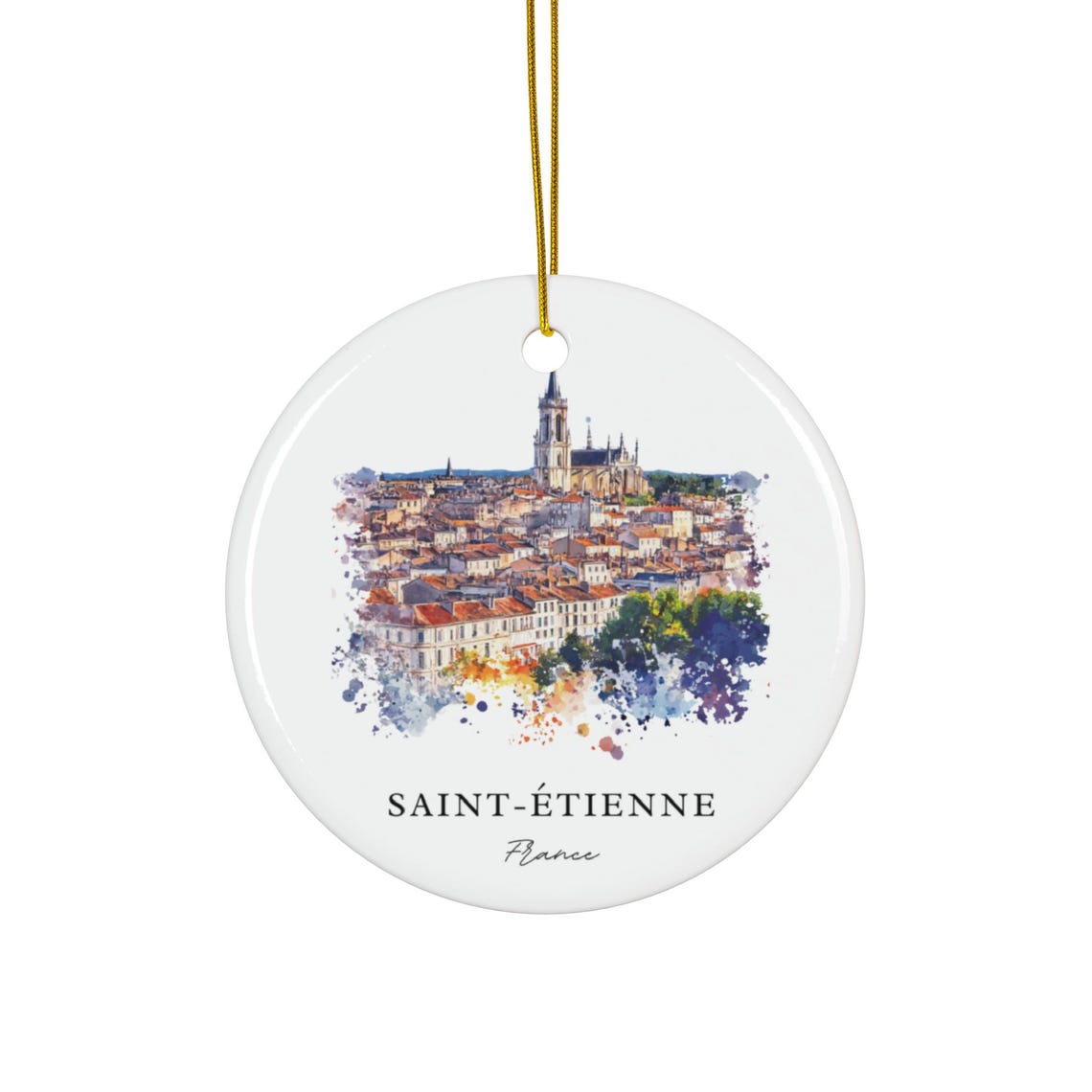 Saint Etienne France Watercolor Red Rooftops Cathedral Hill Poster
