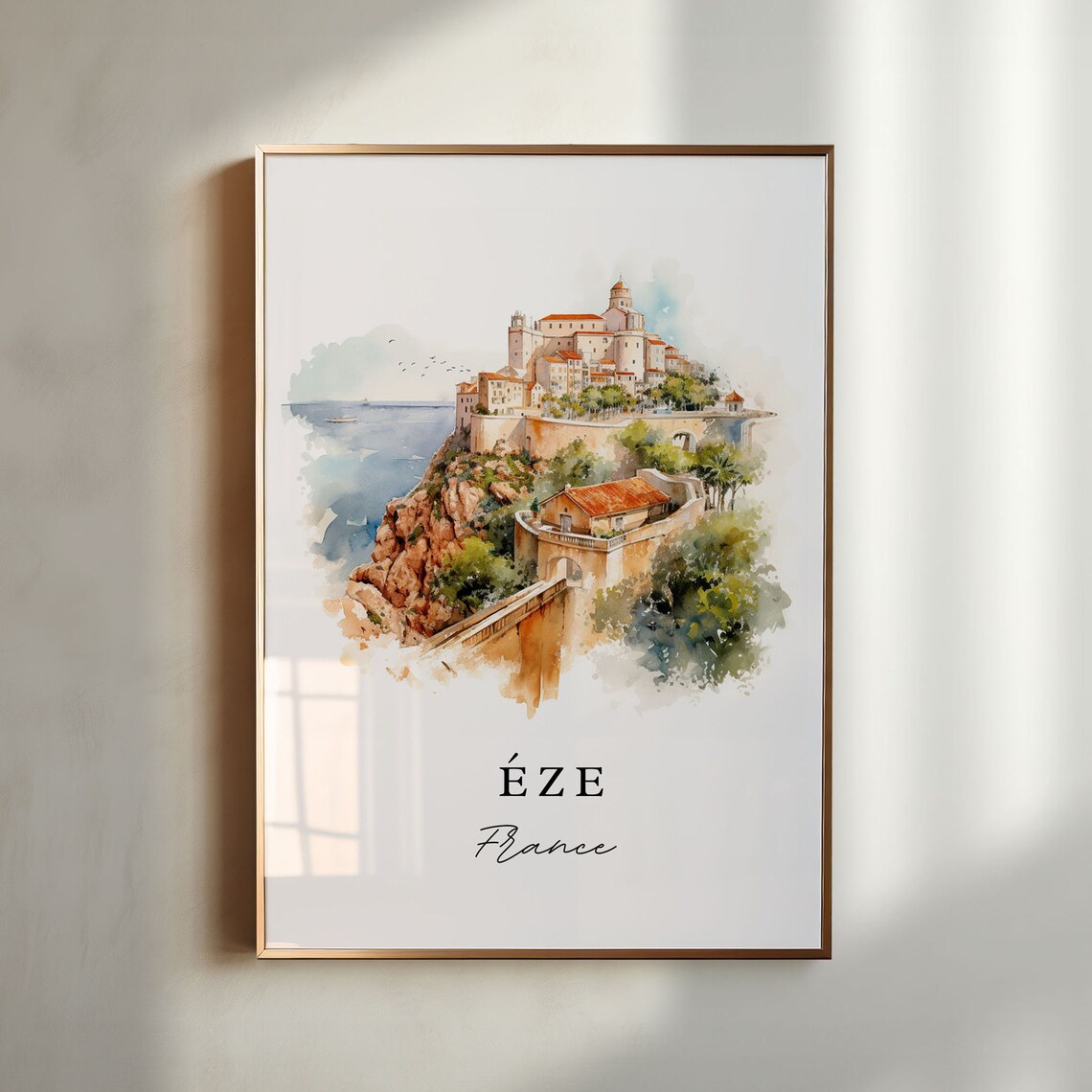 Eze France Cliffside Village Riviera Watercolor Travel Poster