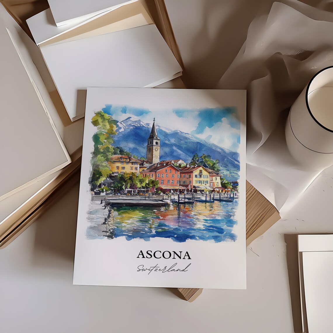 Ascona Switzerland Lakefront Bell Tower Watercolor Travel Poster - Image 4