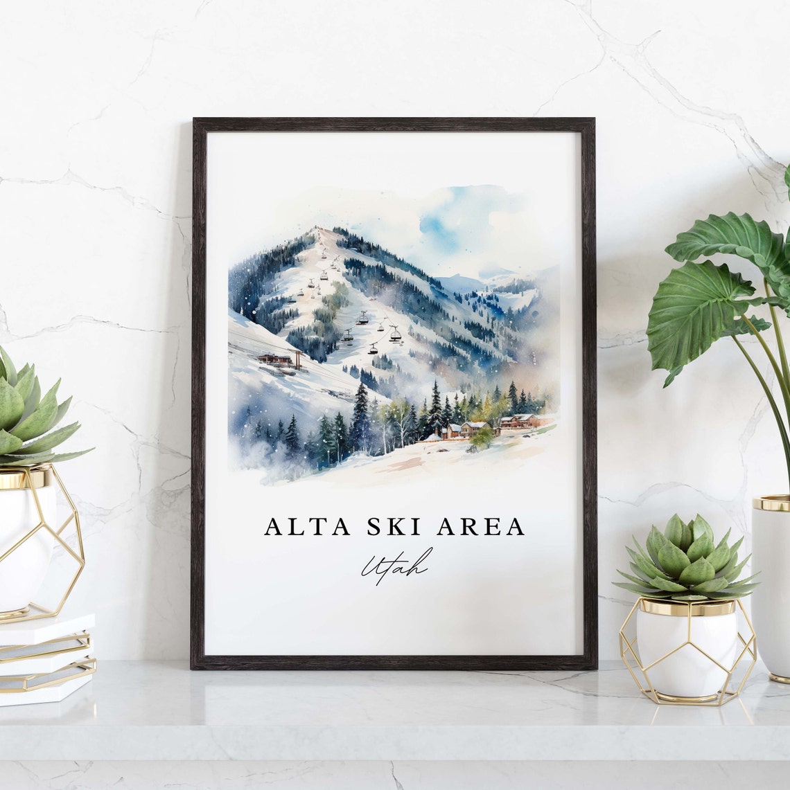 Alta Ski Area Utah Watercolor Snowy Mountain Ski Resort Poster - Image 3
