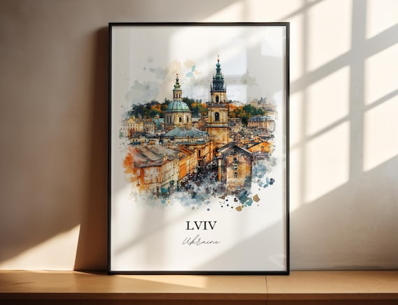 Lviv Ukraine Old Town Church Towers Watercolor Europe Travel Poster