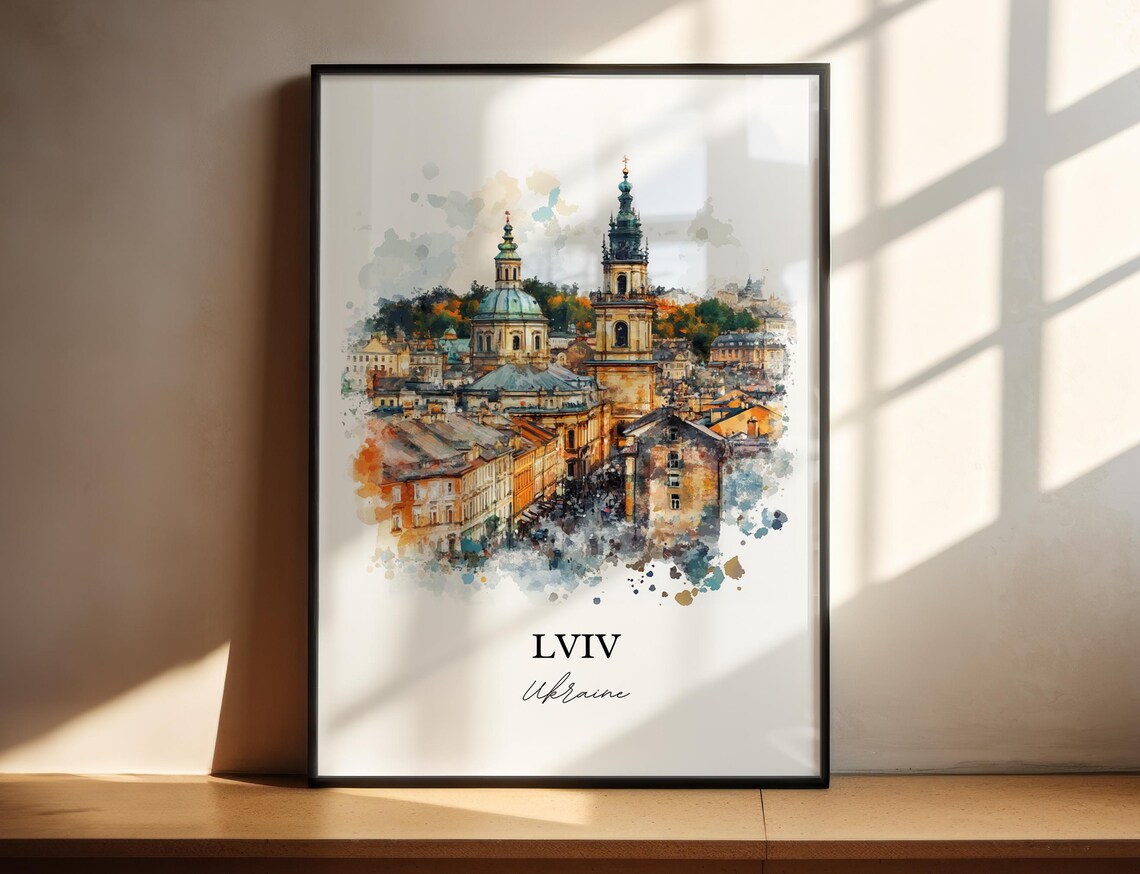 Lviv Ukraine Old Town Church Towers Watercolor Europe Travel Poster