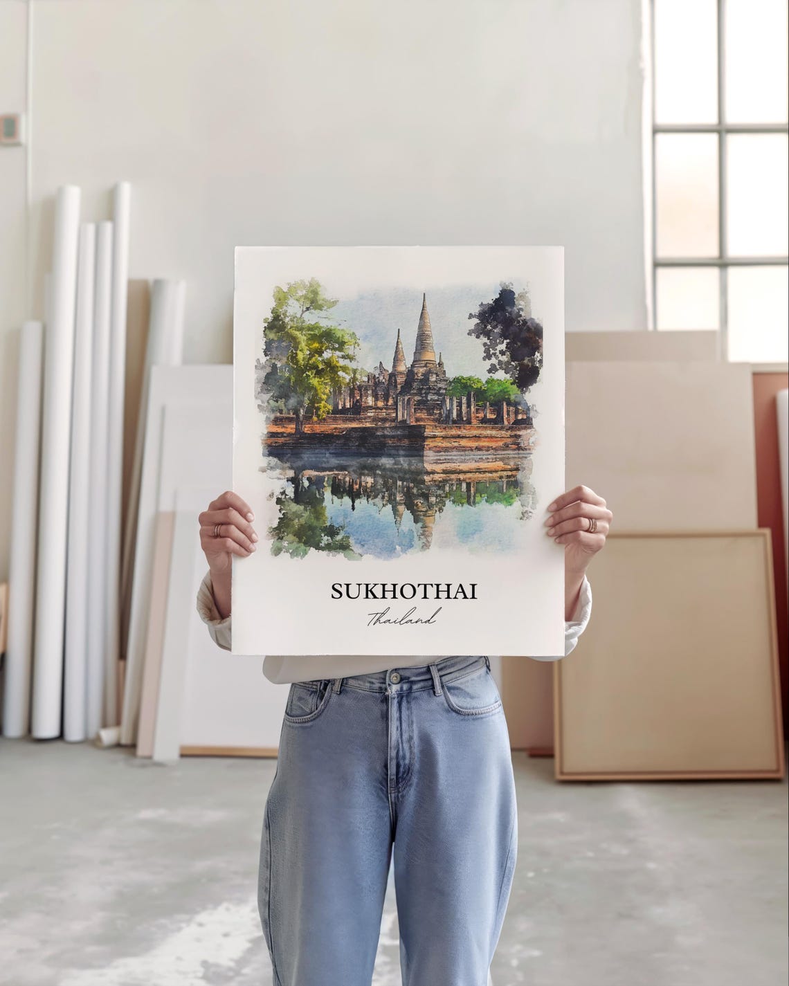 Sukhothai Thailand Watercolor Ancient Temple Reflection Art Poster - Image 5