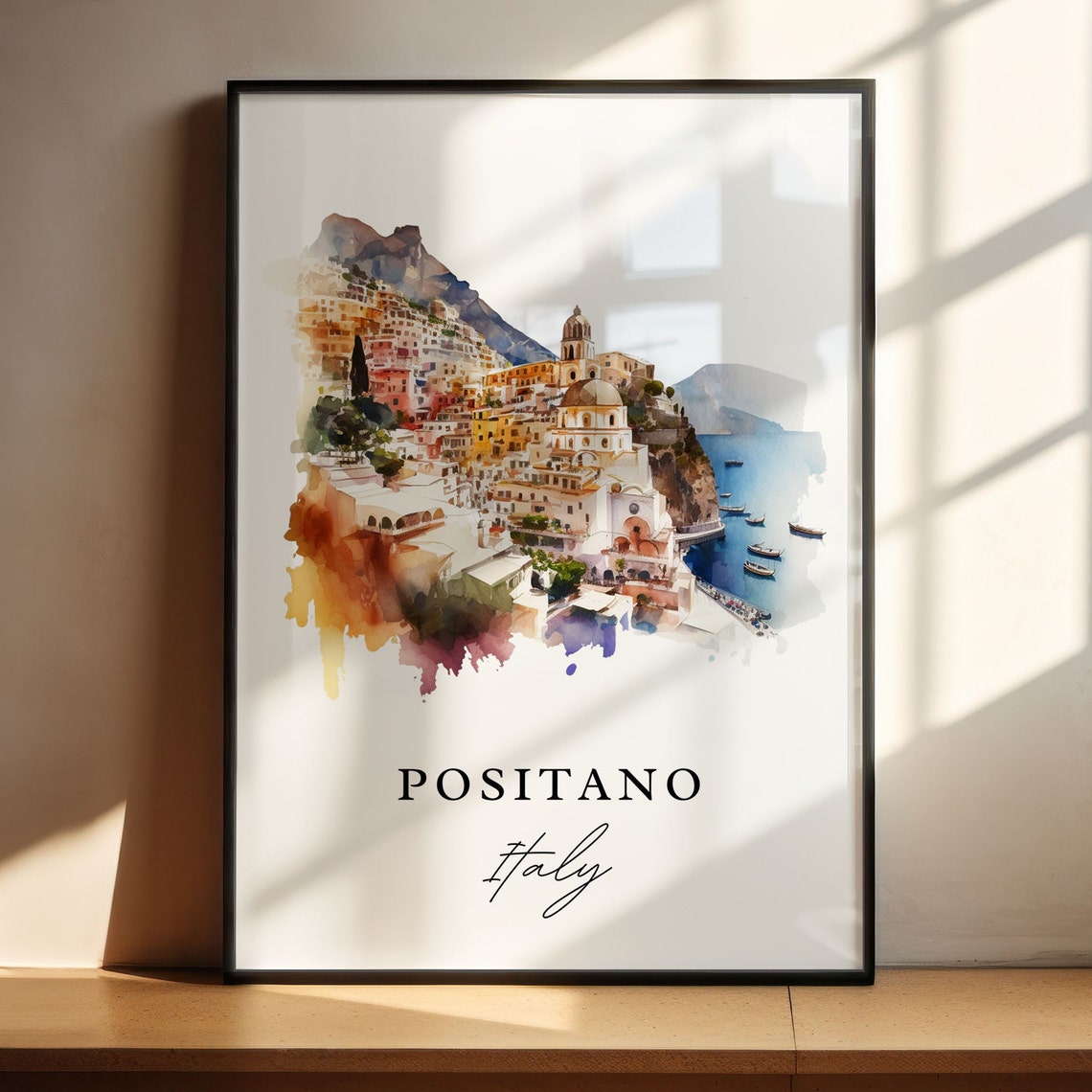 Positano Italy Watercolor Amalfi Coast Cliffside Village Poster