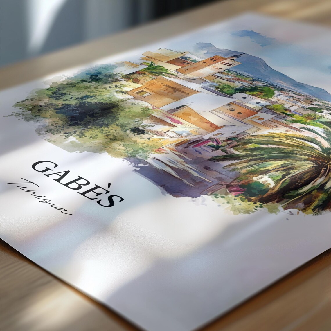 Gabes Tunisia Watercolor Old Town Minaret Palms Scene Poster - Image 7