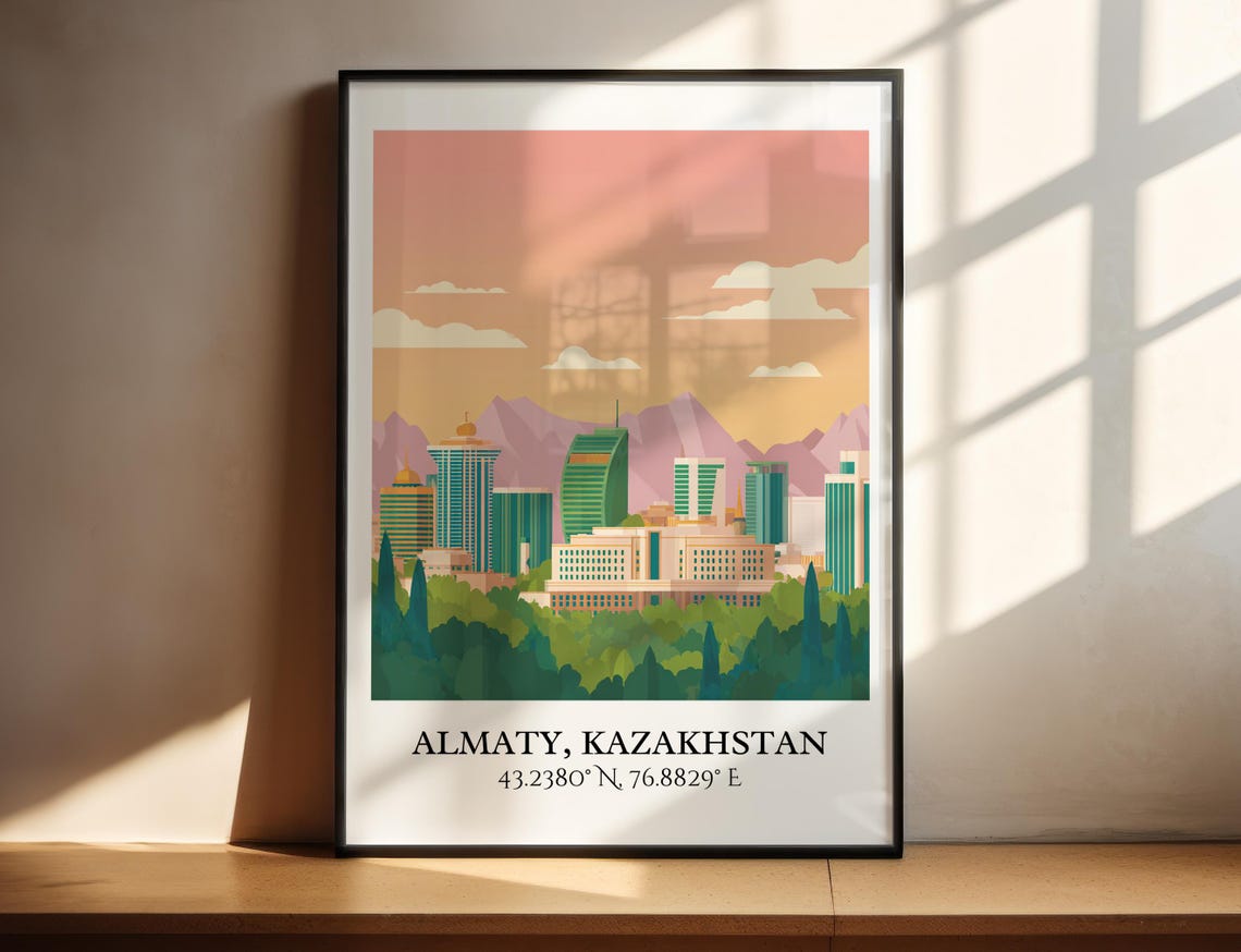 Almaty Kazakhstan Mountain Skyline Sunset Retro Travel Poster