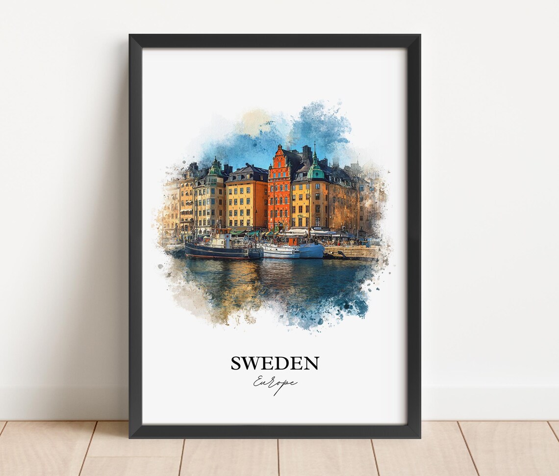 Sweden Europe Old Harbor Colorful Houses Watercolor Travel Poster - Image 4