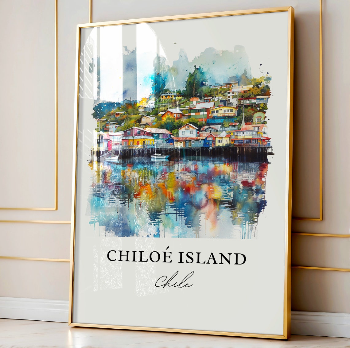 Chiloe Island Chile Colorful Palafitos Watercolor Travel Poster - Image 4