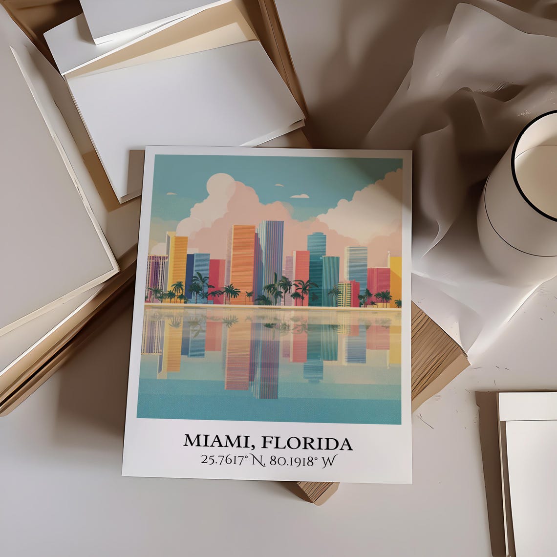 Miami Florida Skyline Palms Water Reflection Retro Travel Art Poster - Image 6