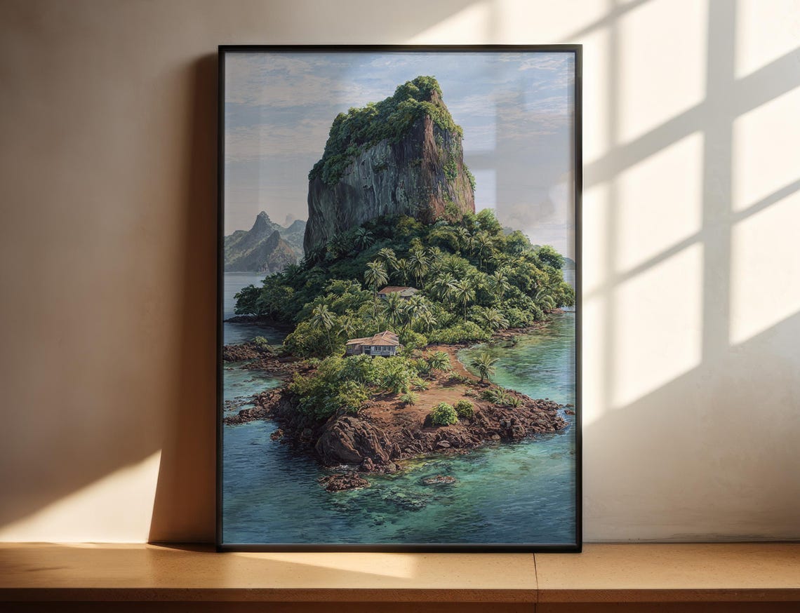 Tropical Volcanic Island Watercolor Palm Cove Mountain Escape Poster