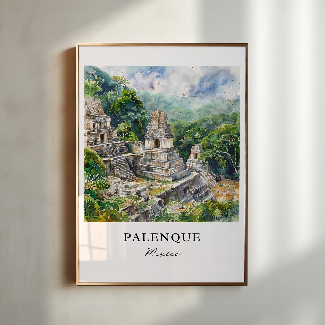 Palenque Watercolor Travel Poster, Chiapas Mexico