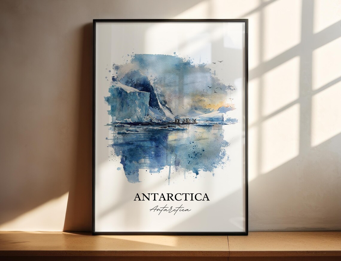 Antarctica Watercolor Glacier Icebergs Penguins Travel Art Poster