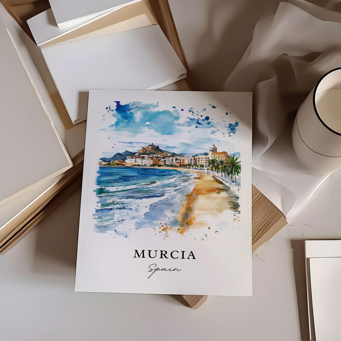 Murcia Spain Watercolor Sunny Beach Promenade Scene Travel Poster - Image 6